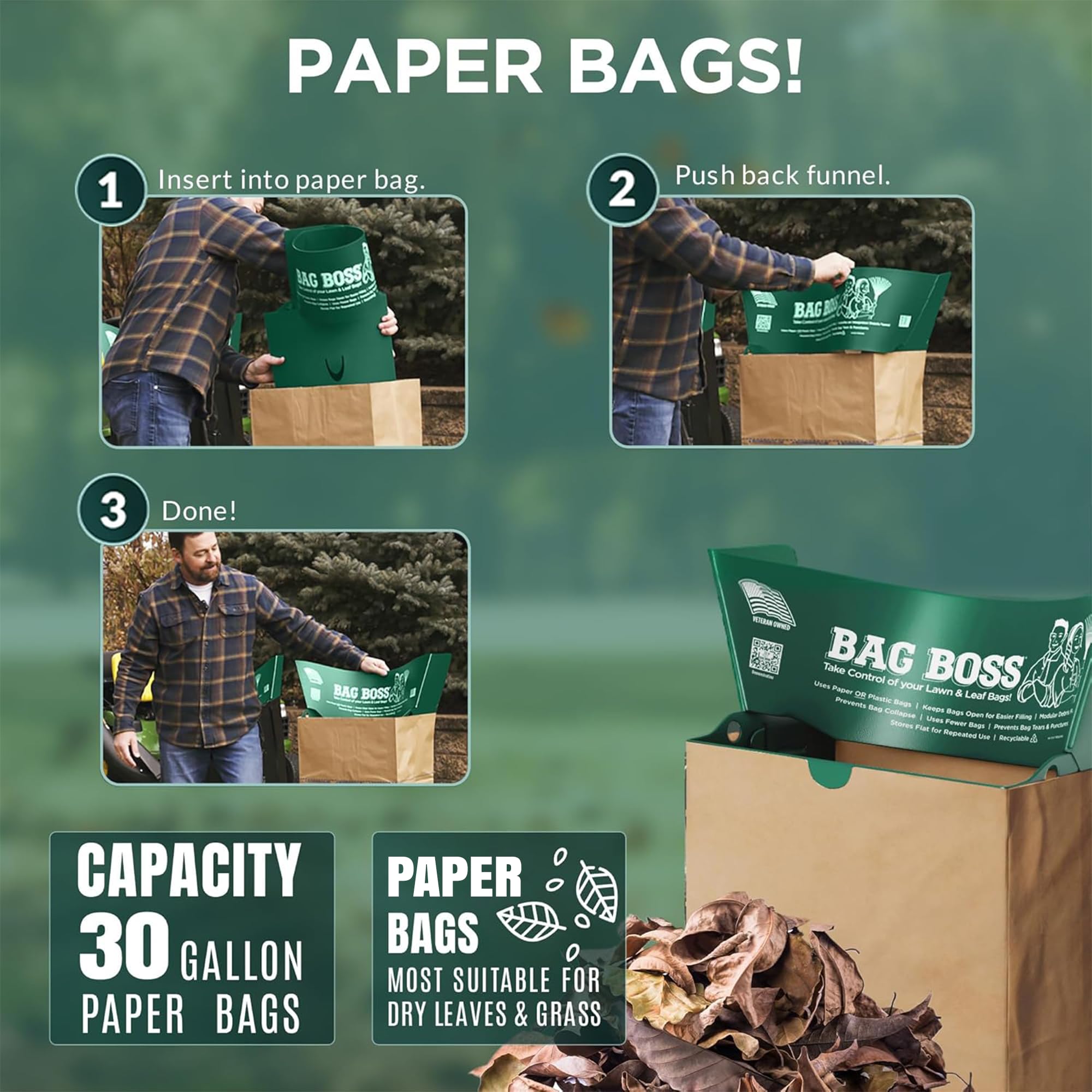 Bag Boss size comparison beside a trash can highlighting 30–55 gallon compatibility