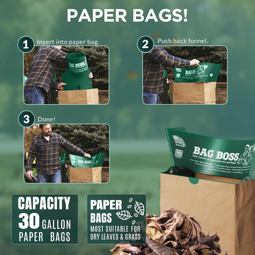 Bag Boss size comparison beside a trash can highlighting 30–55 gallon compatibility
