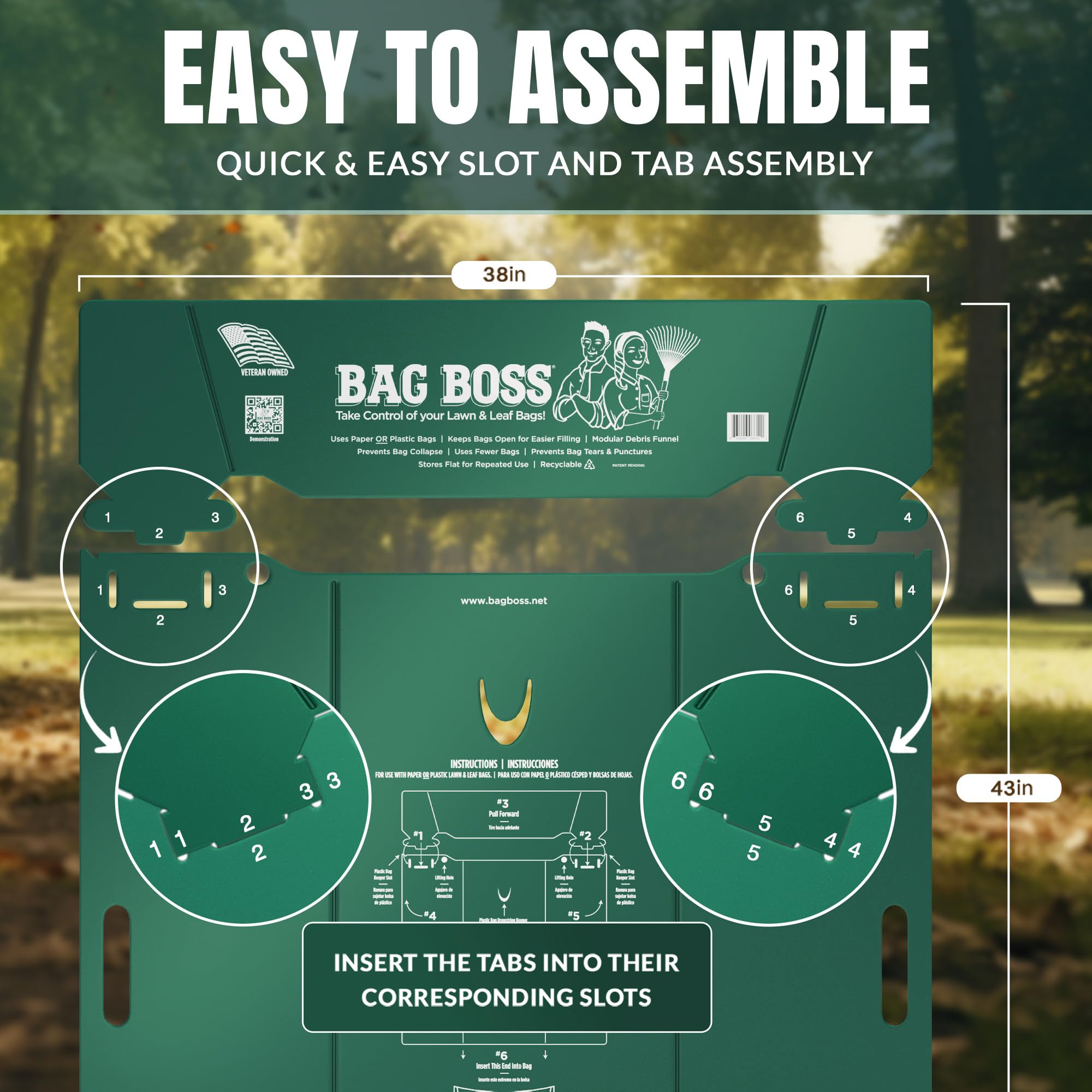 Bag Boss used as a scoop collecting leaves with ergonomic handles for carrying