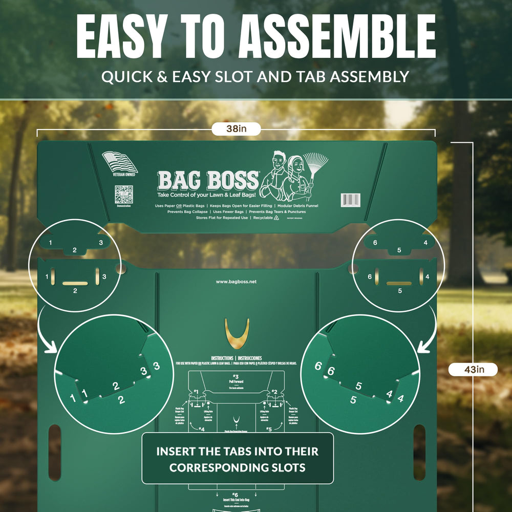 Bag Boss used as a scoop collecting leaves with ergonomic handles for carrying