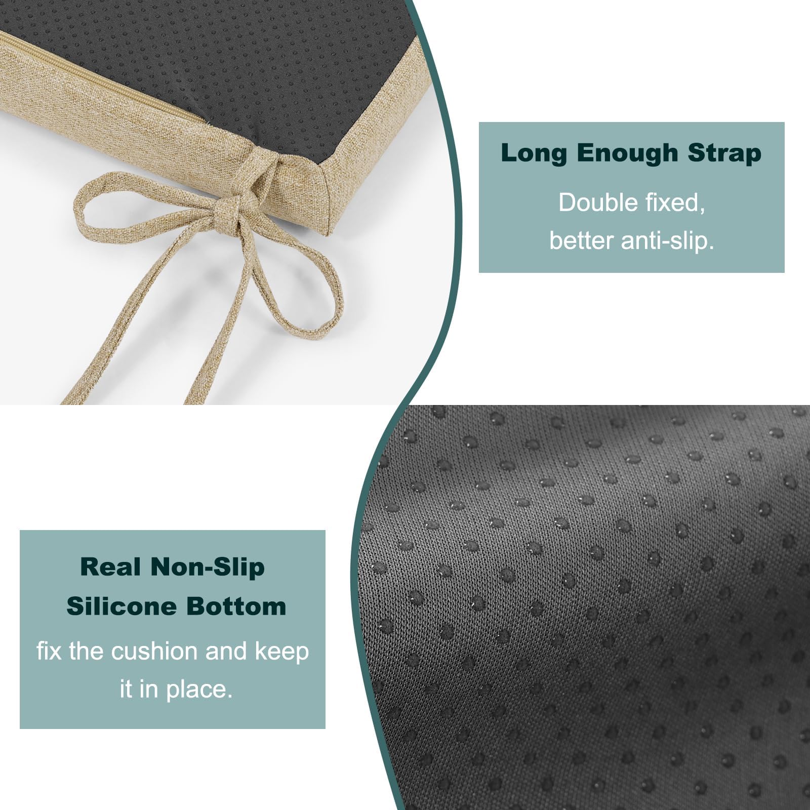 baibu cushion tied to bench with straps showing secure fit and stable seating