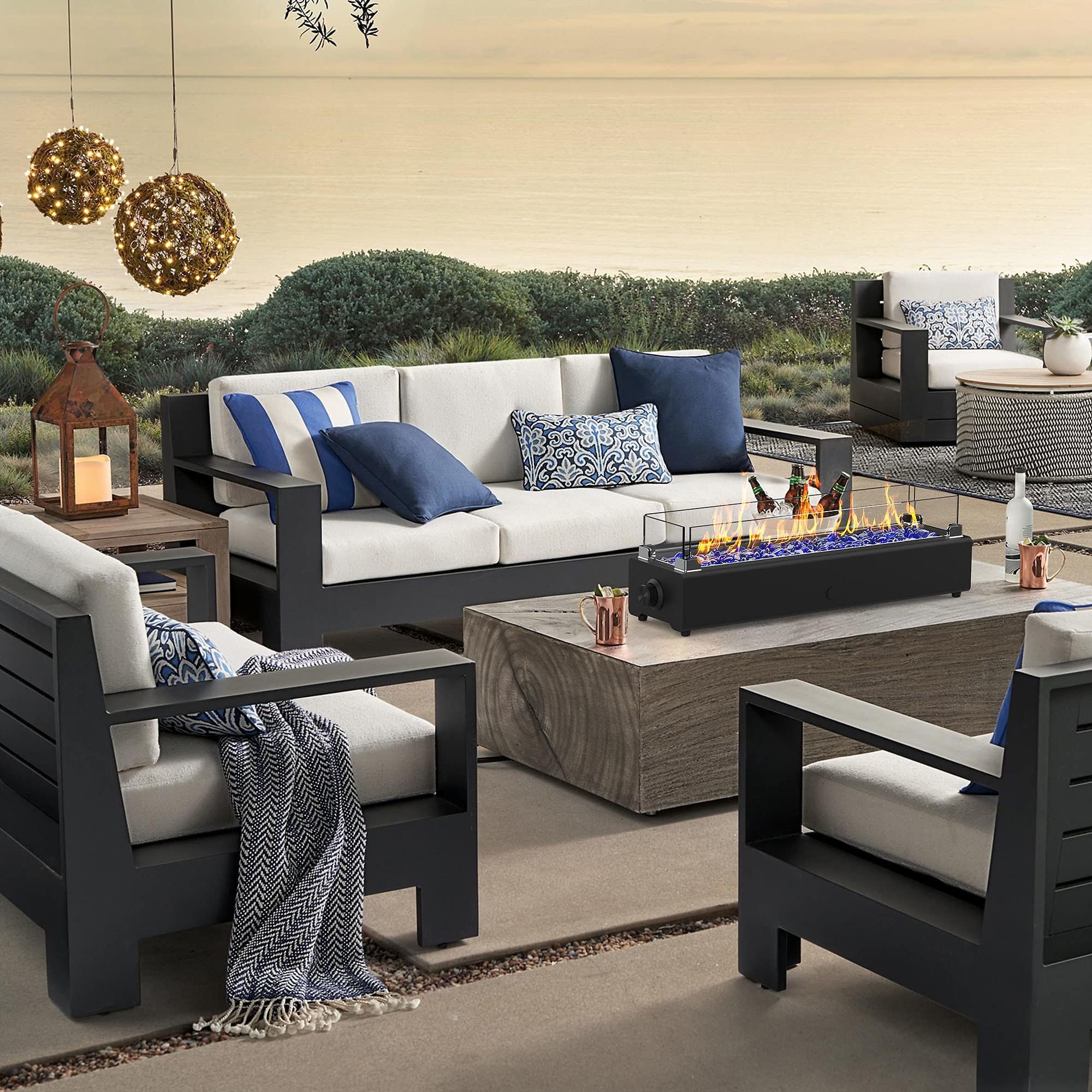 BAIDE HOME fire pit lit on backyard table at dusk benefit: creates warm outdoor ambiance
