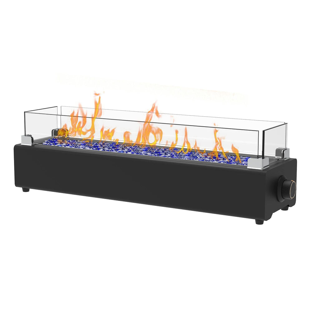 BAIDE HOME front view of tabletop fire pit showing sleek black finish and glass rocks benefit: elegant centerpiece