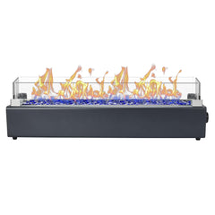 BAIDE HOME front view of tabletop fire pit showing sleek carbon gray finish and flames, enhances patio ambiance