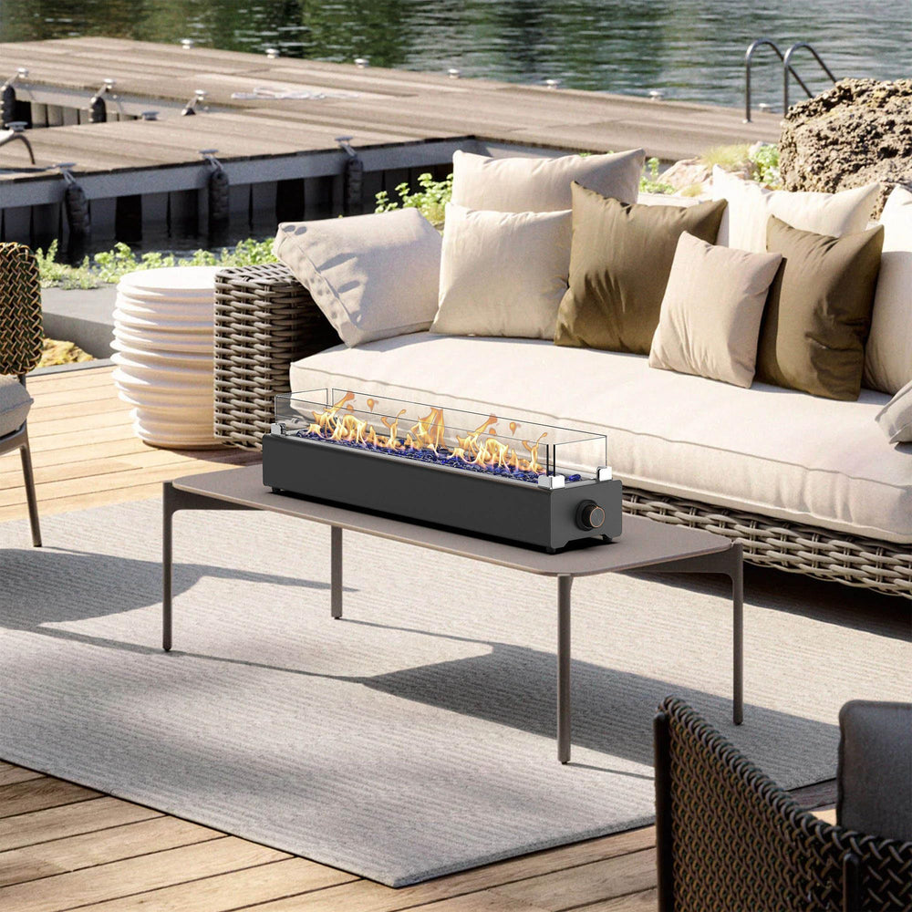 BAIDE HOME fire pit on table for scale showing recommended table fit and balance