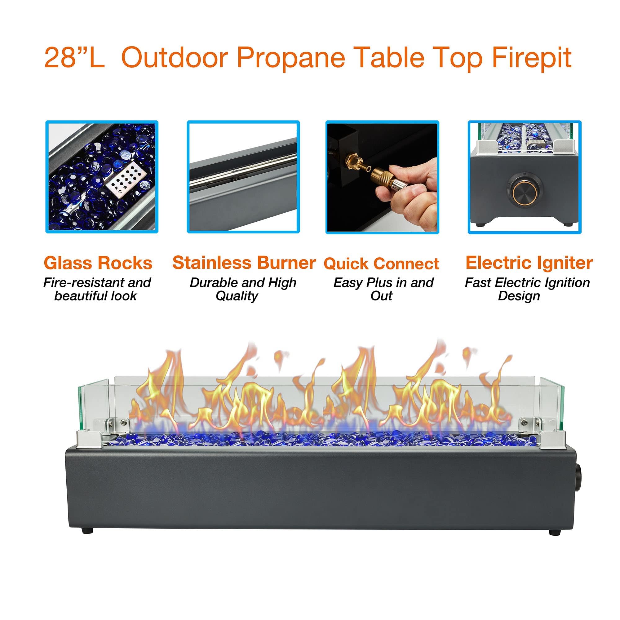 BAIDE HOME stainless-steel burner detail with glass rocks, ensures even flame distribution and durability