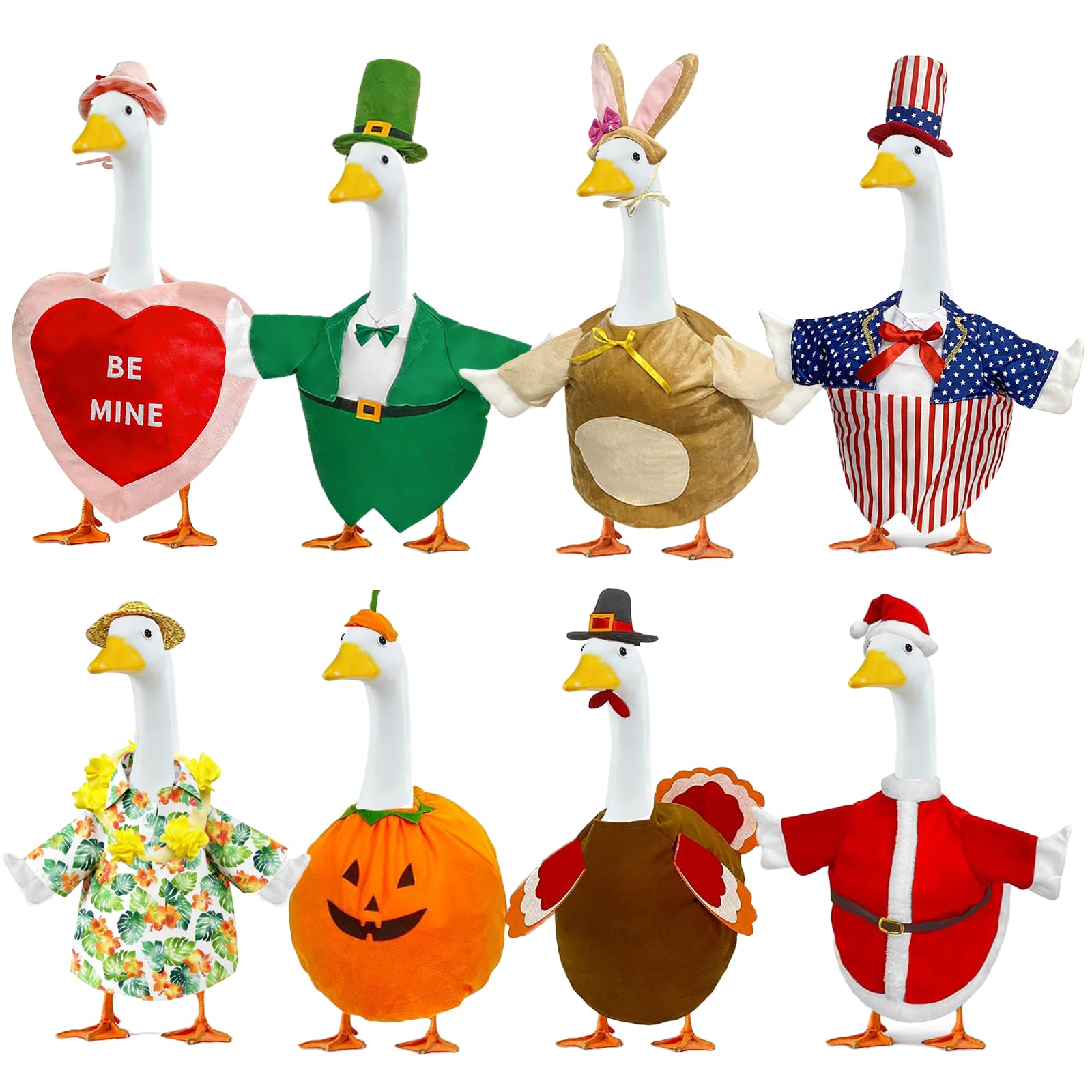 Bailiyake front view of all eight seasonal goose outfits showing variety and quick swap benefit