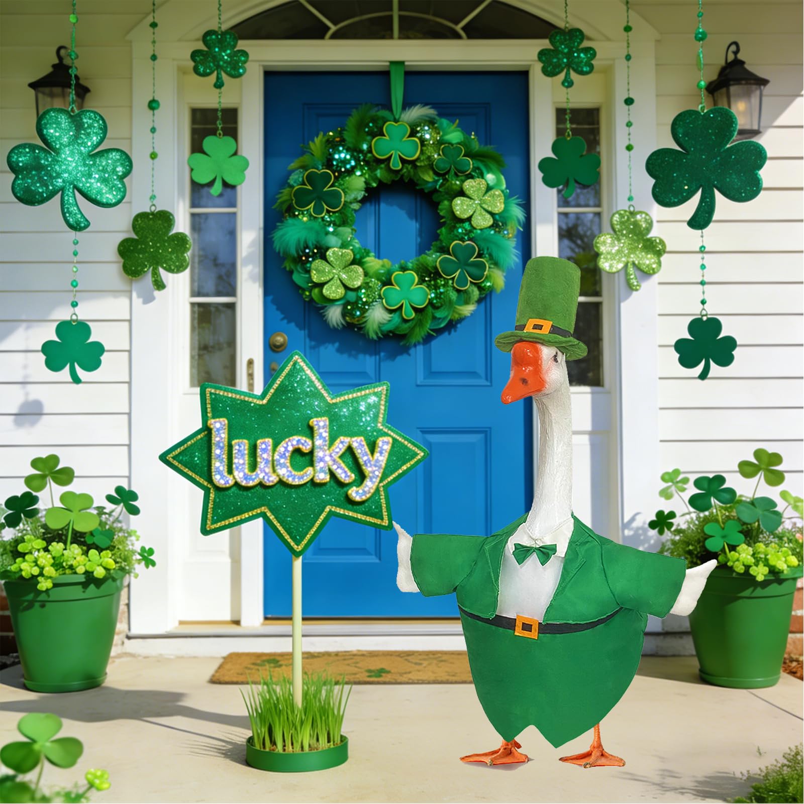 Bailiyake costumed goose on a porch, creates festive yard focal point