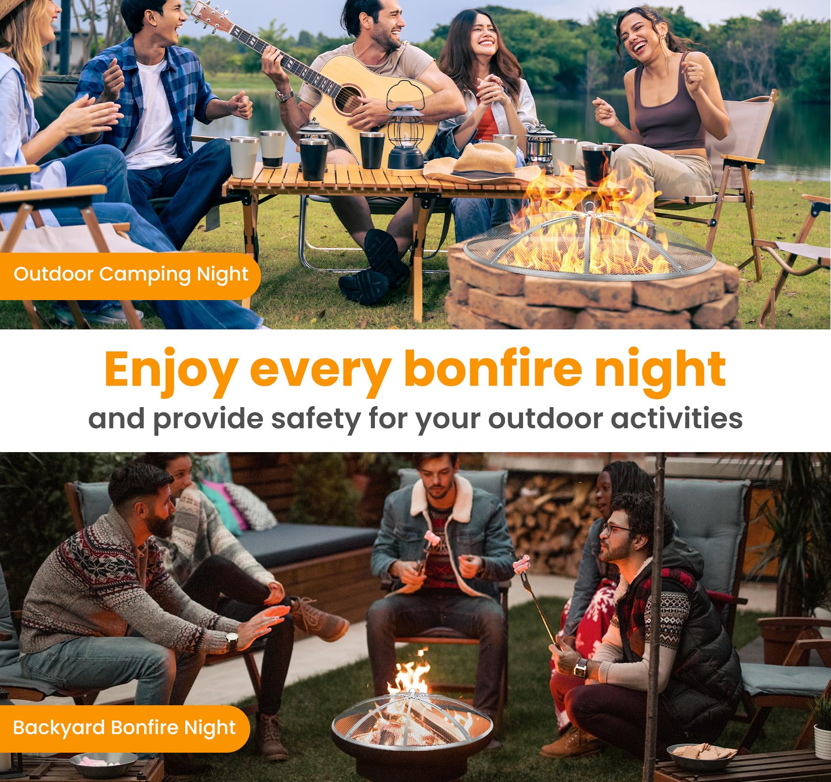 Baitedelai spark screen installed on backyard fire pit creating safer evening bonfire