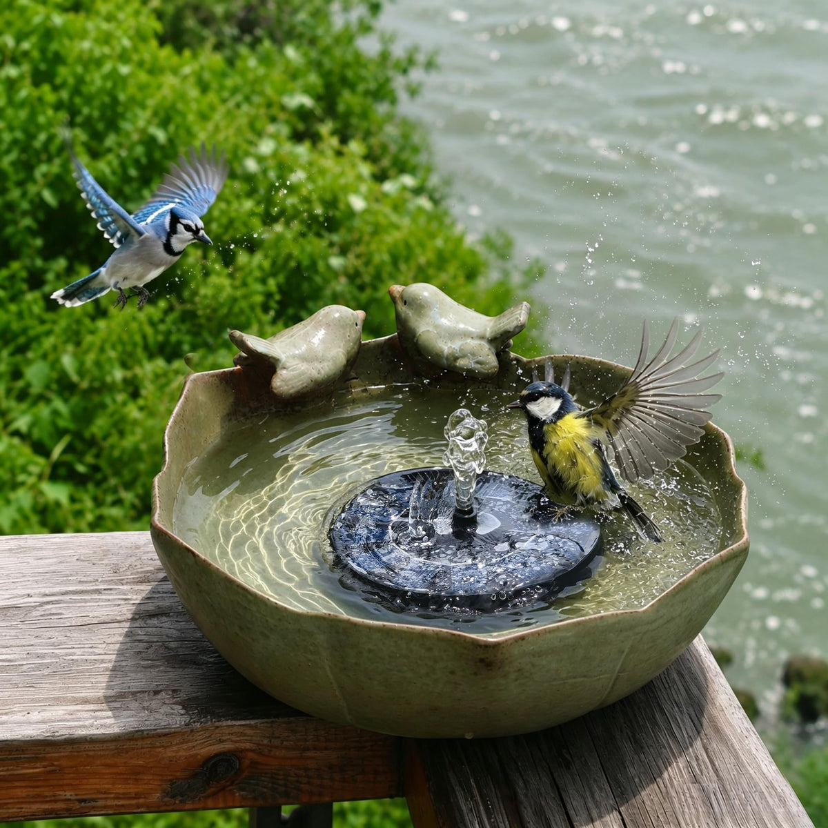 Bakayoyo ceramic bird bath front view showing elegant lotus shape and solar fountain benefit