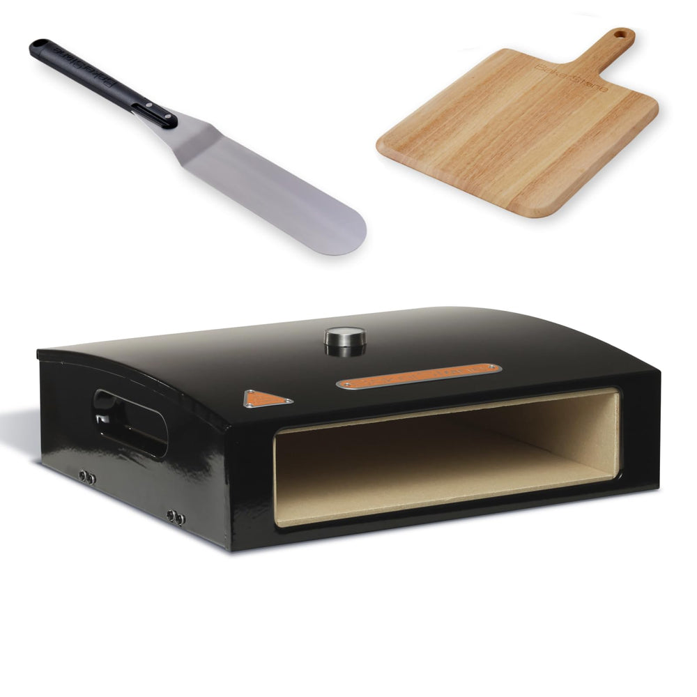 BakerStone front view on grill showing compact conversion and fast baking benefit