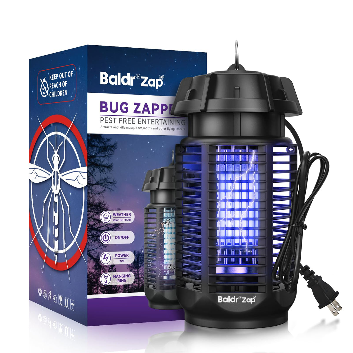Baldr front view bug zapper showing protective housing and elegant design, protects outdoor space