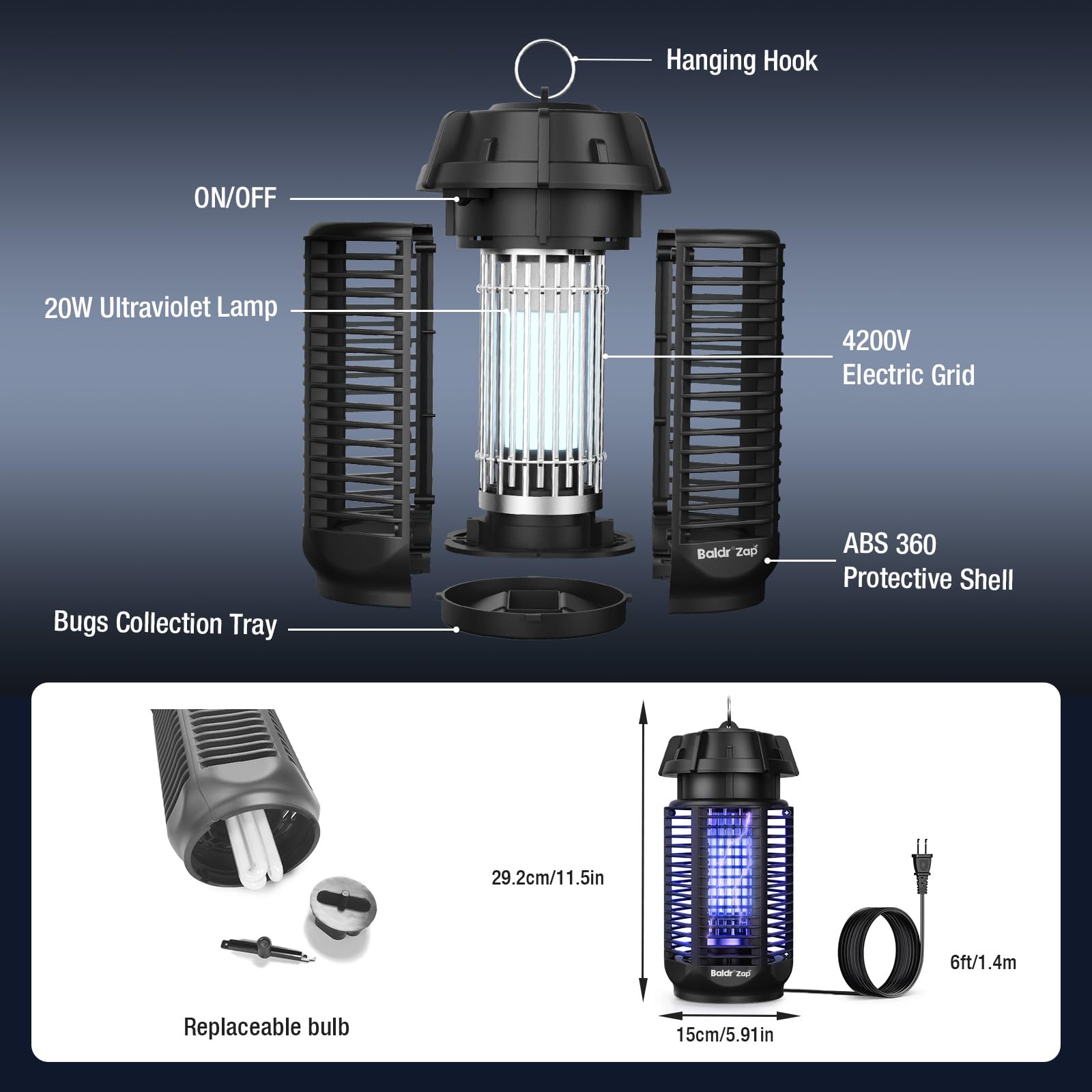 Baldr hung over a patio during evening, offering weatherproof insect control for gatherings
