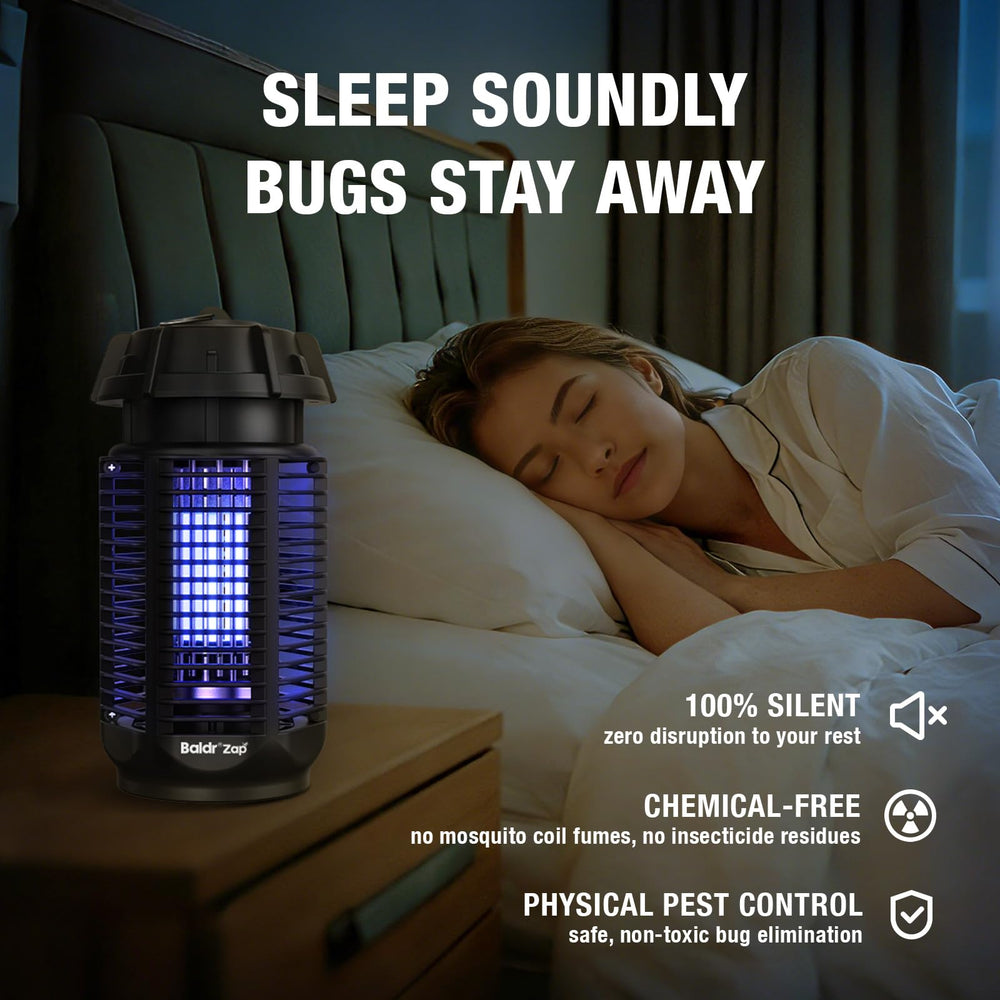 Baldr glowing 20W UV bulb at night, attracting insects to keep patio comfortable