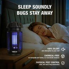 Baldr glowing 20W UV bulb at night, attracting insects to keep patio comfortable