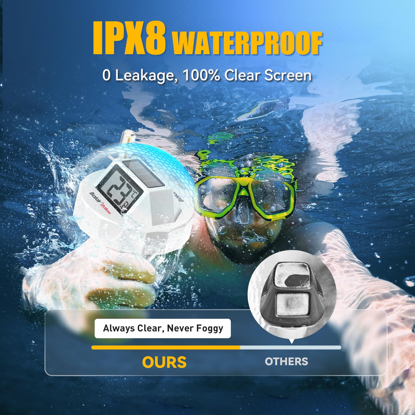 BaldrTherm close-up fog-free screen with easy-to-read numbers to avoid blurred readings