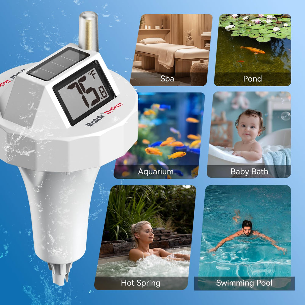 BaldrTherm floating in a backyard pond lifestyle scene showing versatile outdoor use