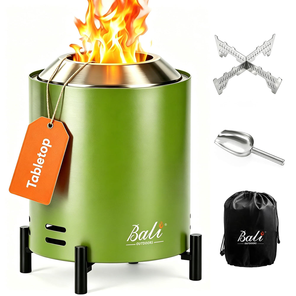 BALI OUTDOORS front view showing compact smokeless tabletop fire pit and durable finish