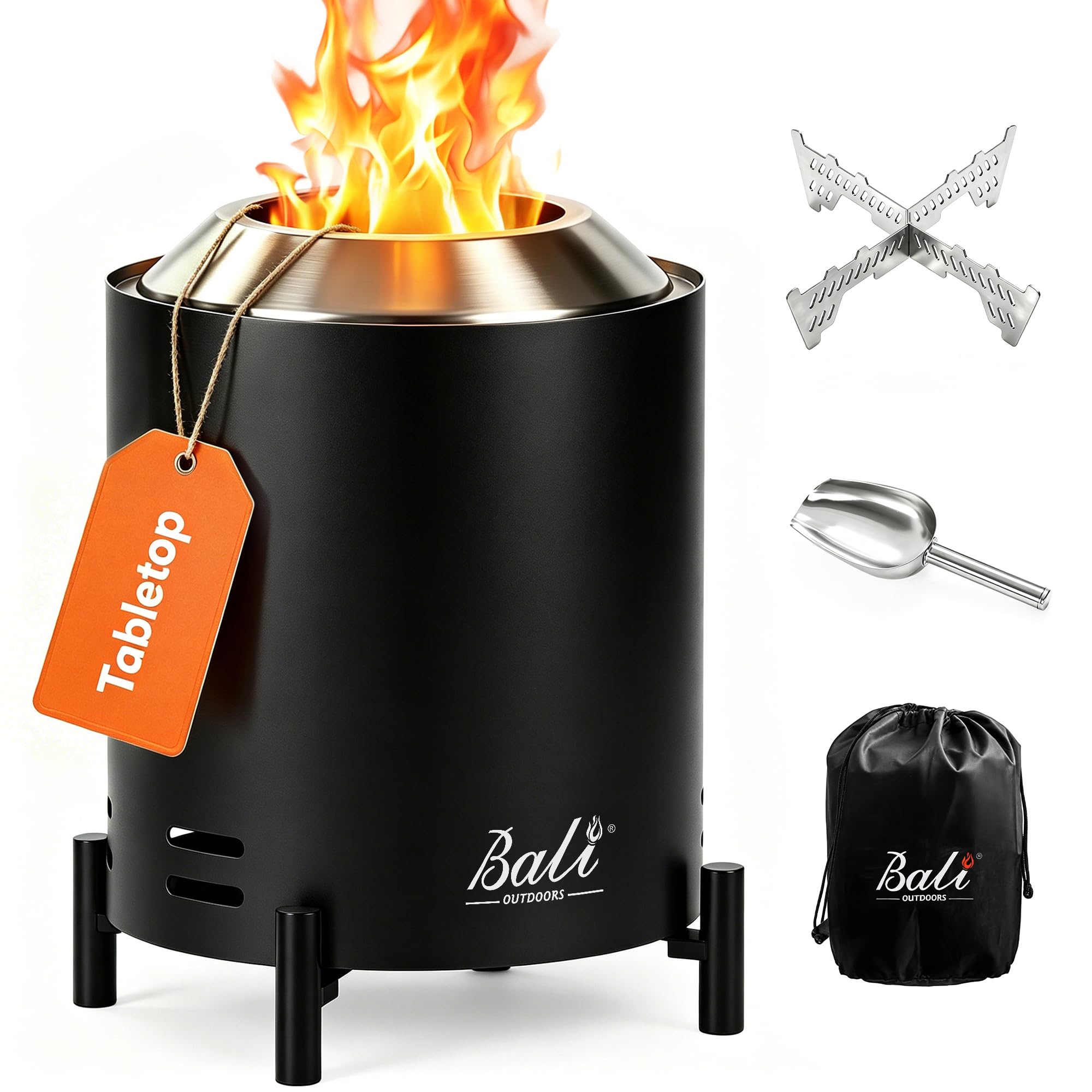 bali outdoors front view tabletop fire pit shows compact stainless steel and ambiance