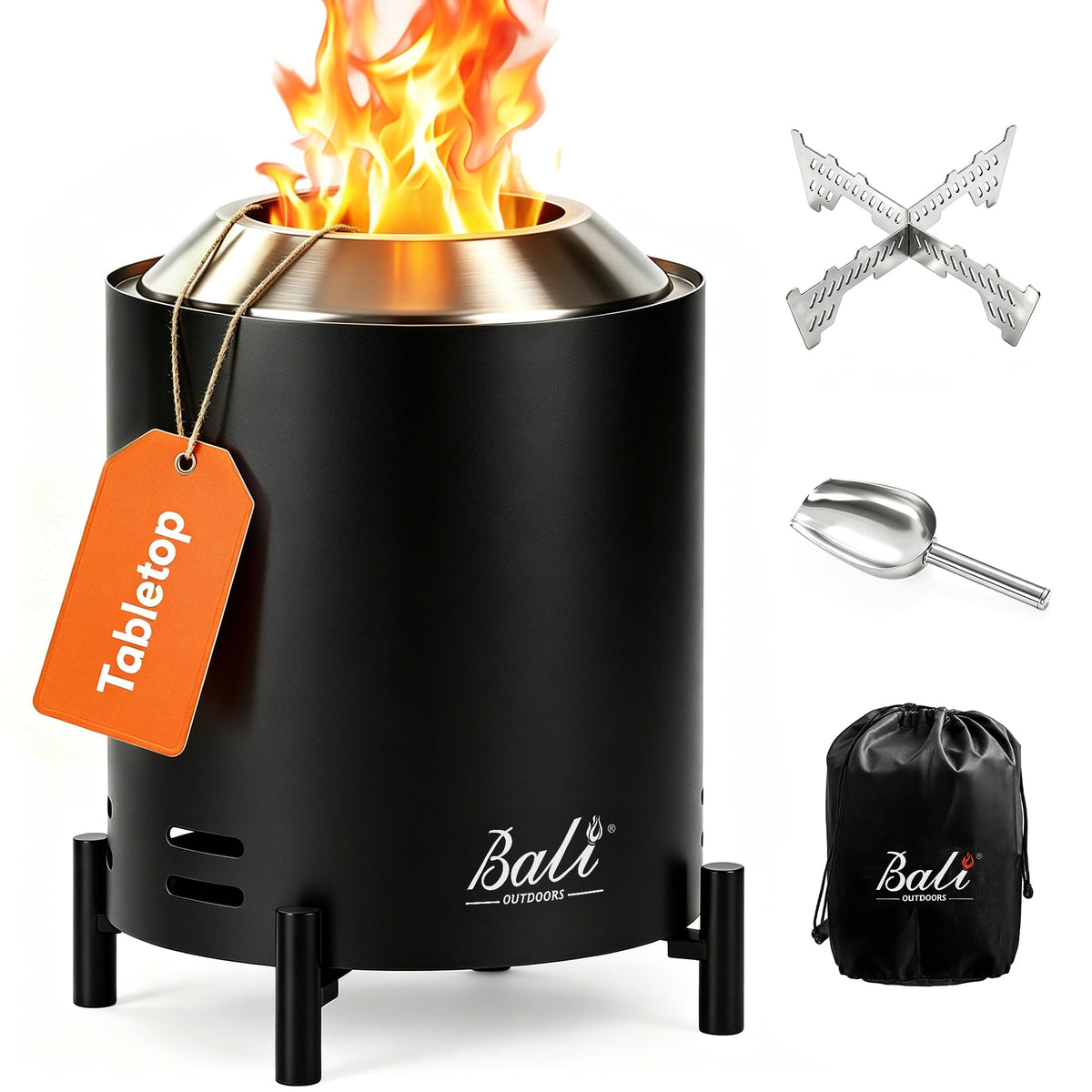 bali outdoors front view tabletop fire pit shows compact stainless steel and ambiance