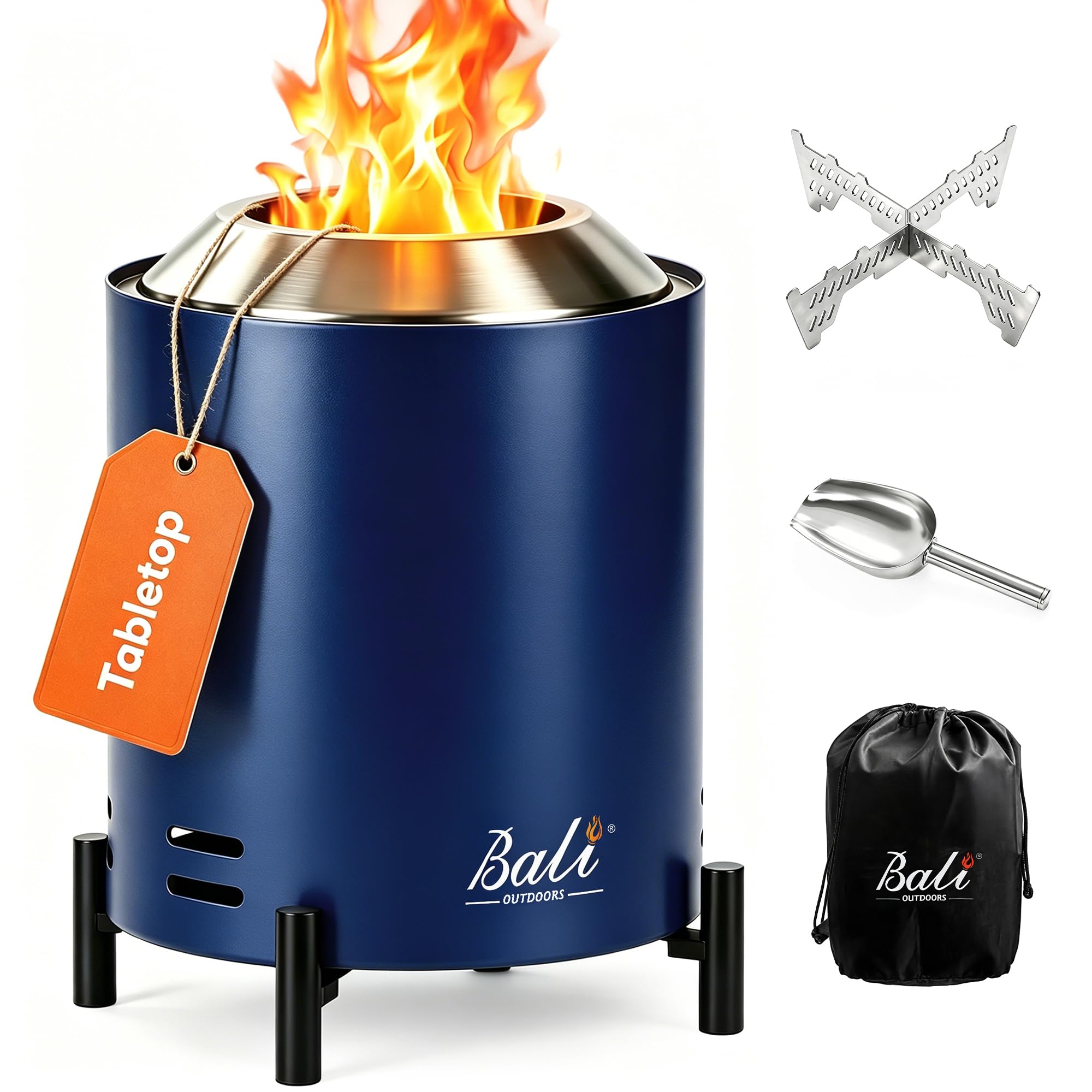 BALI OUTDOORS front view showing compact tabletop fire pit and benefits of portability