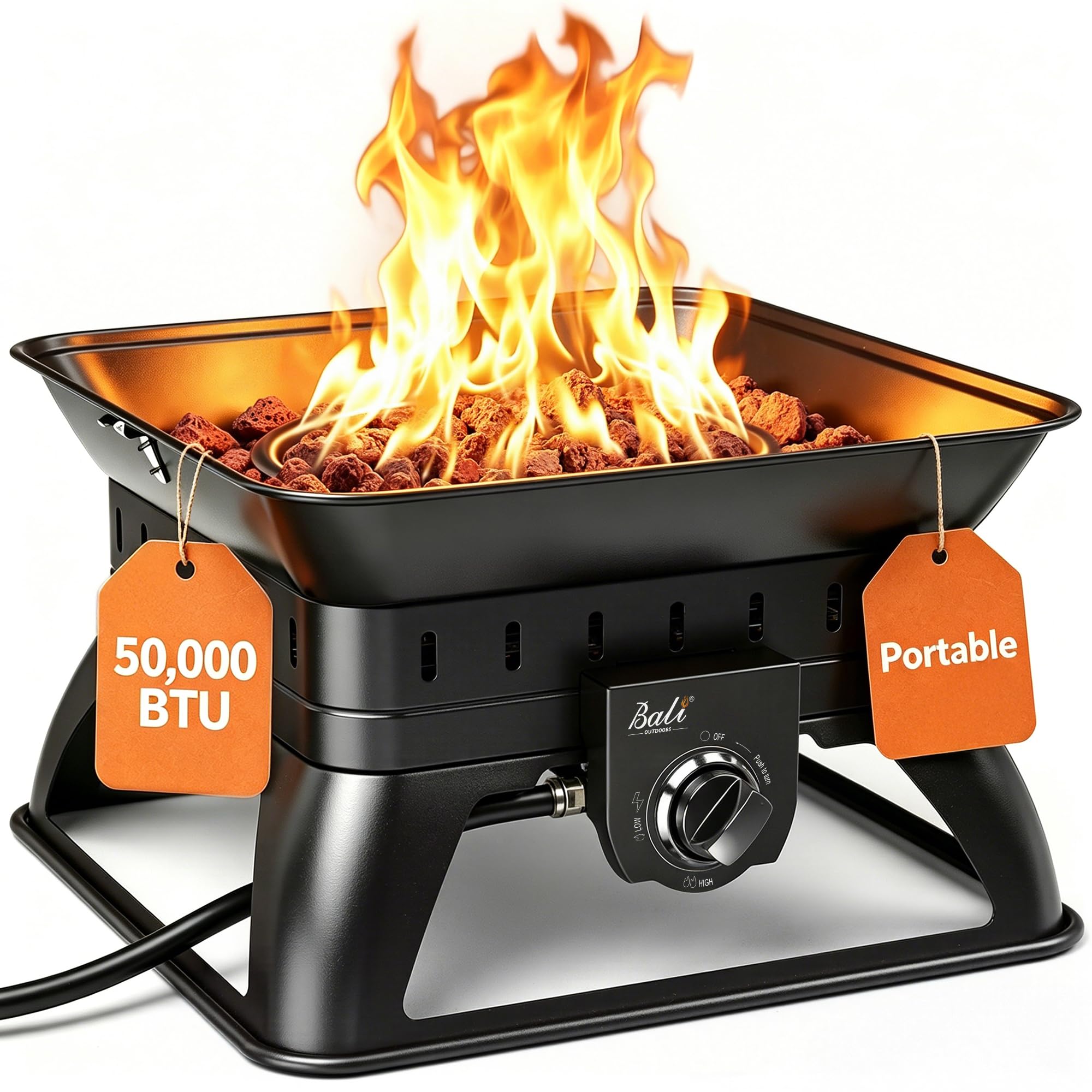 BALI OUTDOORS front view showing compact fire pit and glow benefits