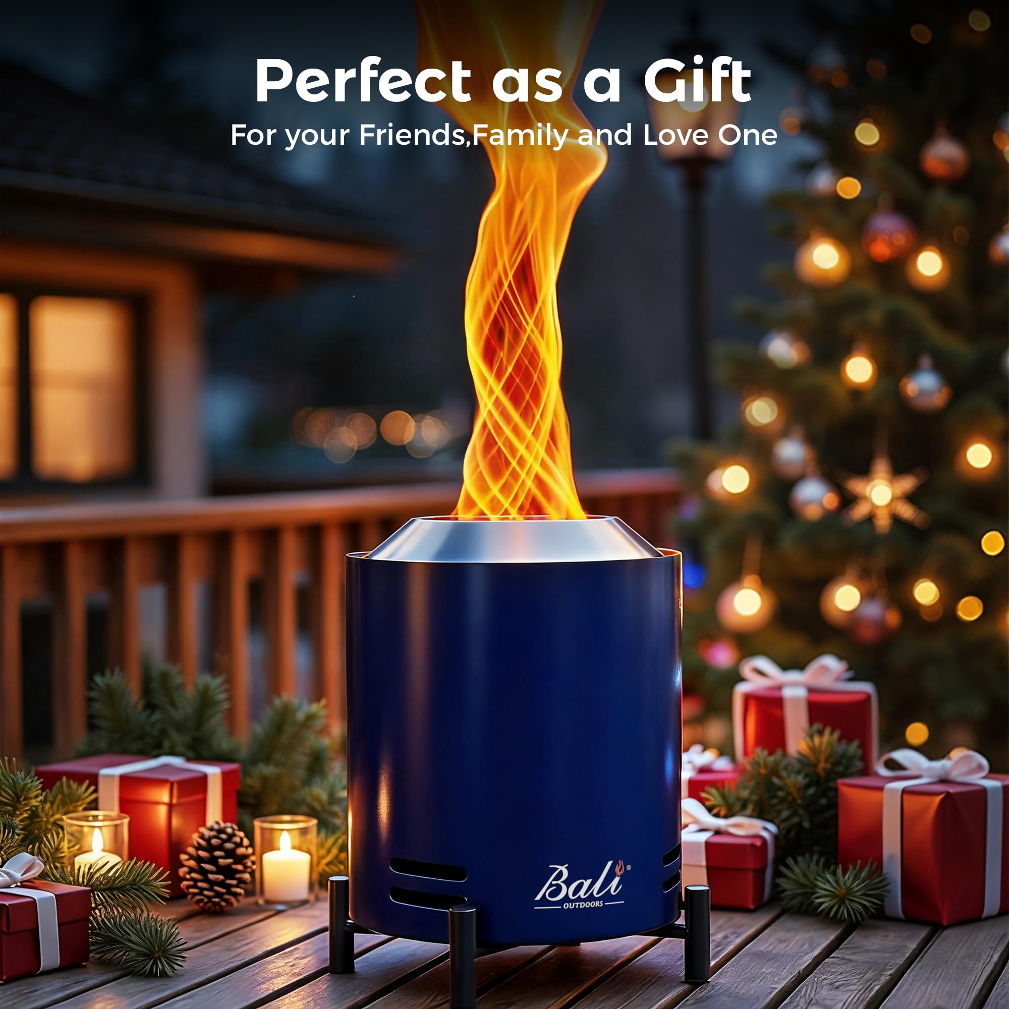BALI OUTDOORS in-use on table showing smokeless burn and cozy atmosphere