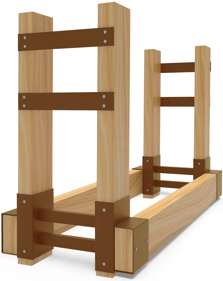 BALIE SPACE front view of brackets installed holding raised firewood, tidy storage benefit