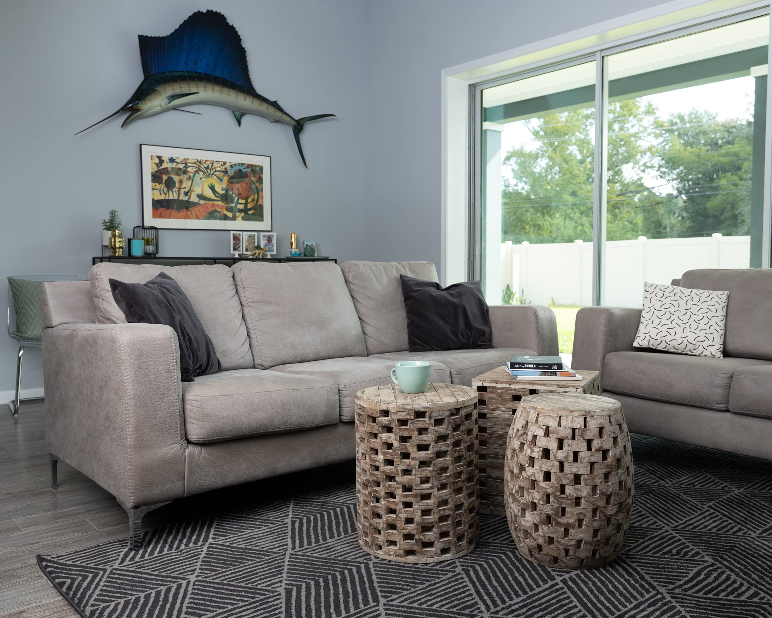 Balkene Home Maya oval label and finish close-up showing wood treatment benefits