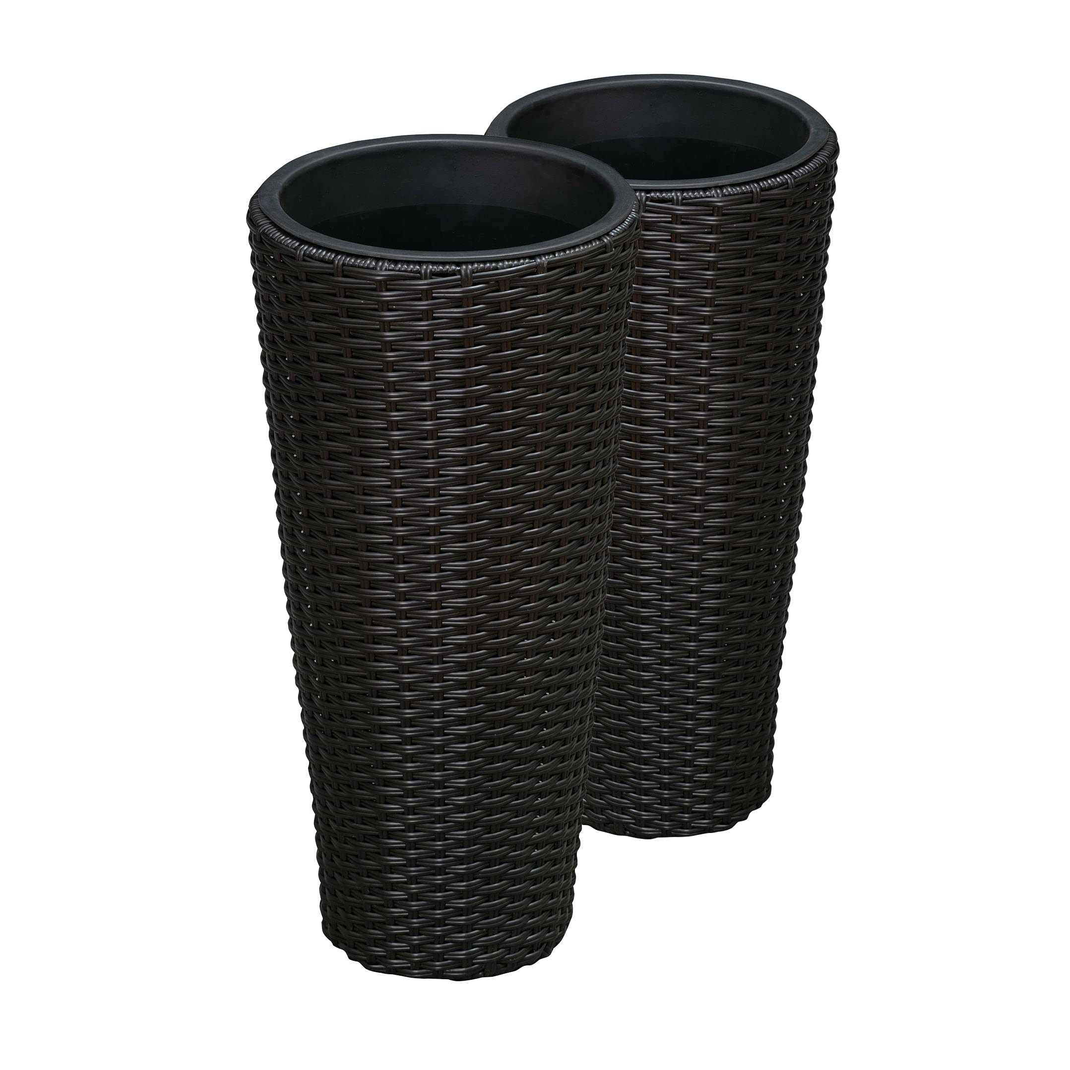 Balkene Home front view of black Noah round wicker planter set showing balanced styling