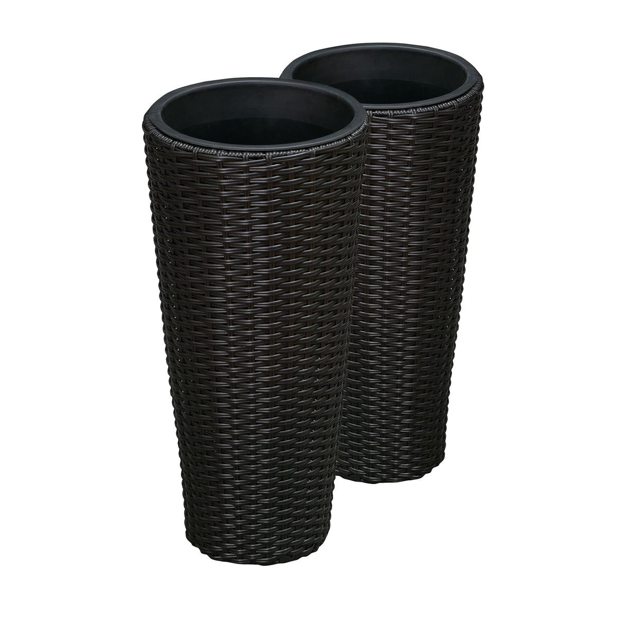 Balkene Home front view of black Noah round wicker planter set showing balanced styling