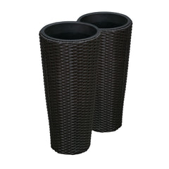 Balkene Home front view of black Noah round wicker planter set showing balanced styling