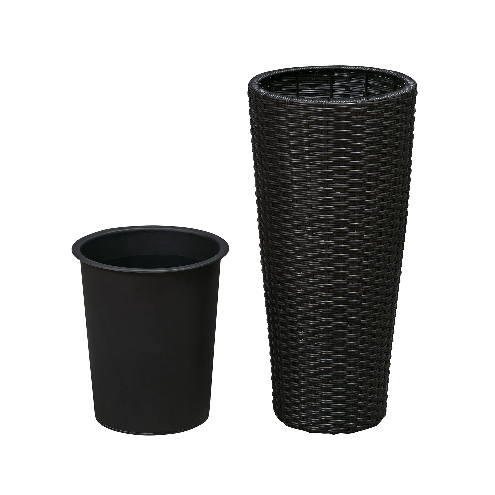 Balkene Home tall planter beside patio chair to show scale and compact footprint