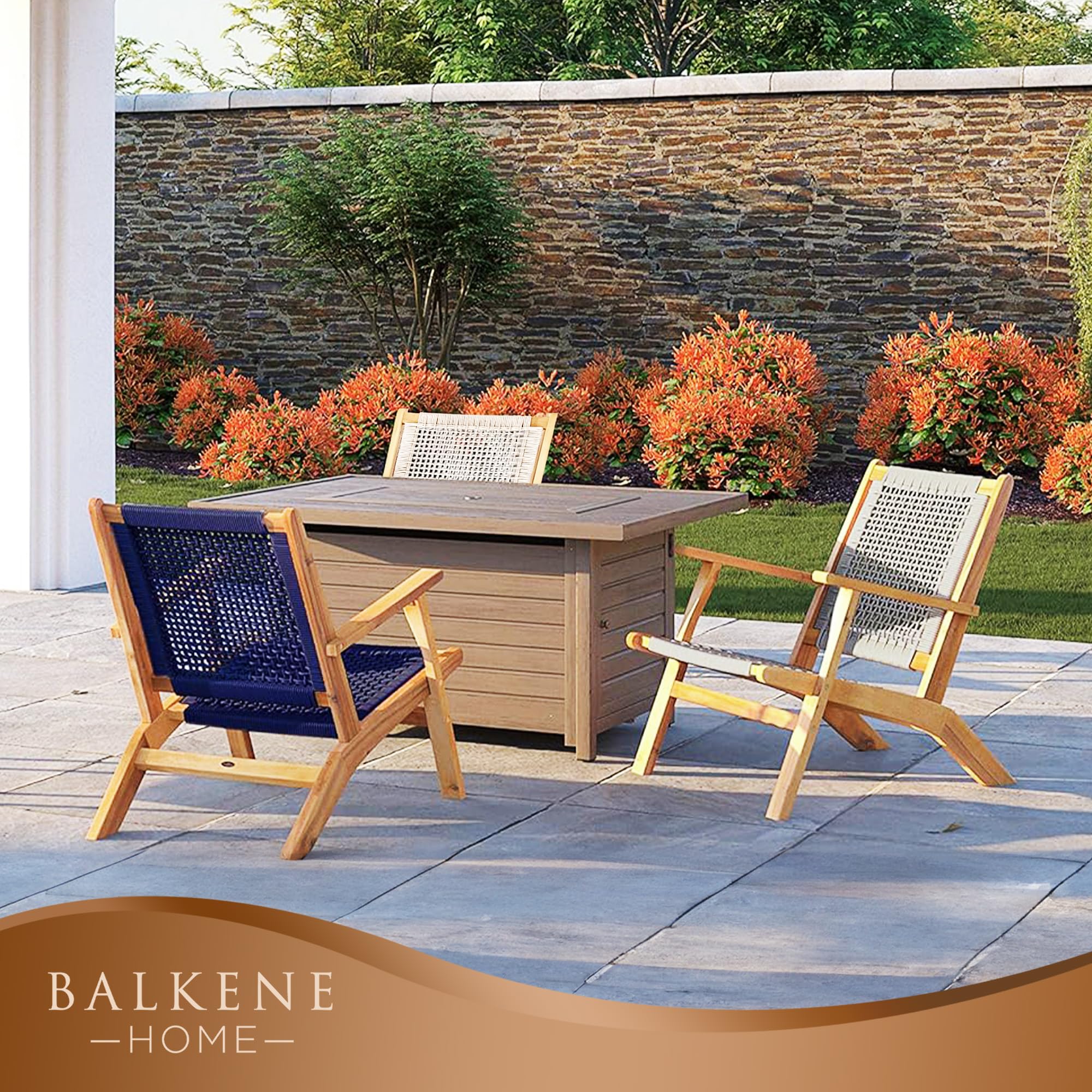 Balkene Home label and teak-toned finish detail noting craftsmanship and quality