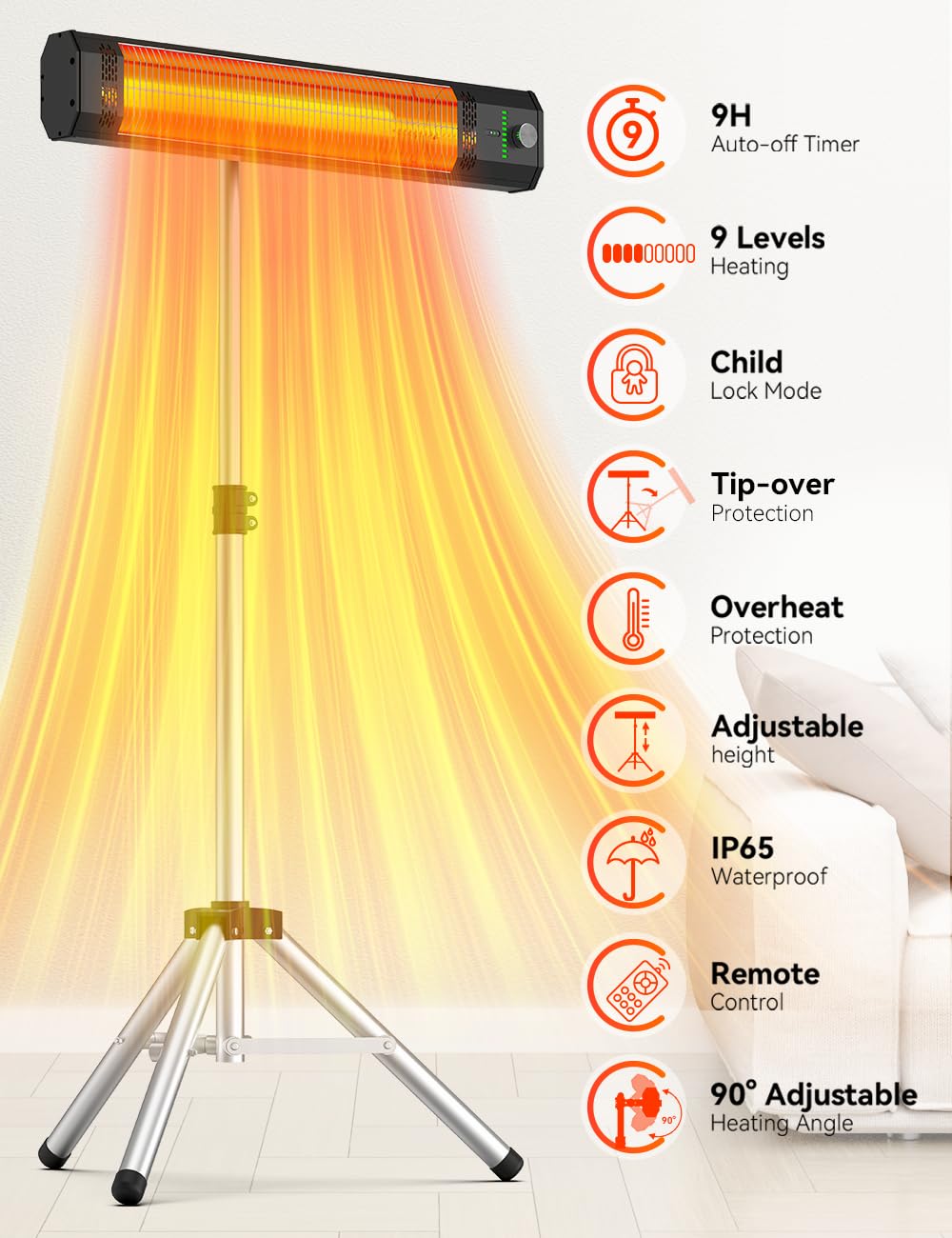 BALKO heater oscillating across seating, spreads even warmth across area