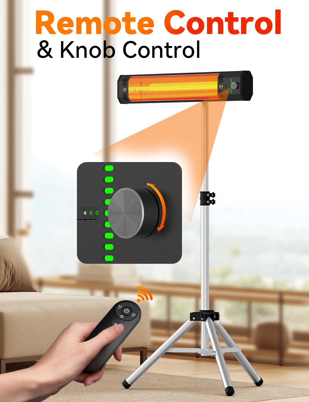 BALKO heater next to chair for size comparison, shows footprint and scale