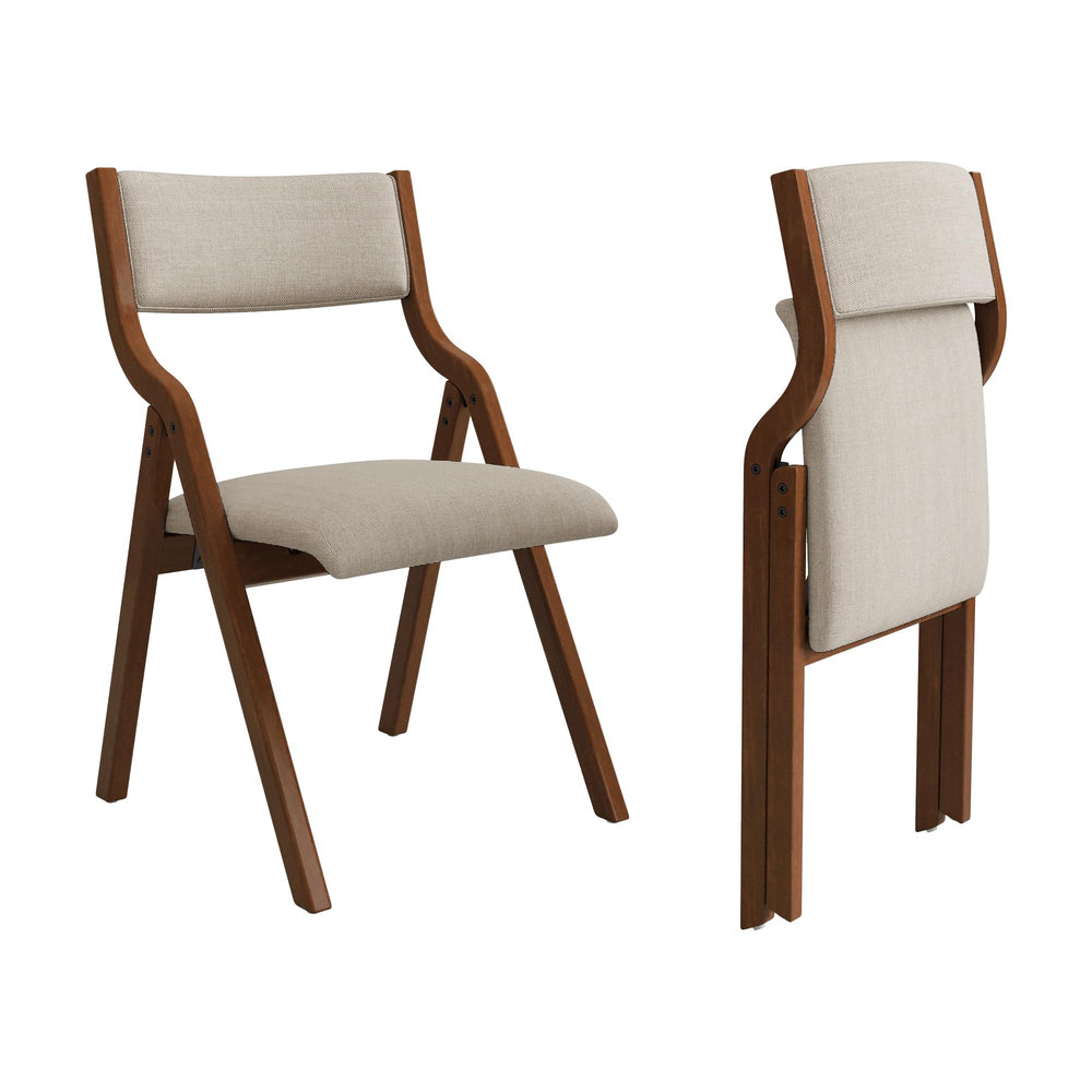 Ball & Cast front view of taupe upholstery and walnut legs, elegant dining look