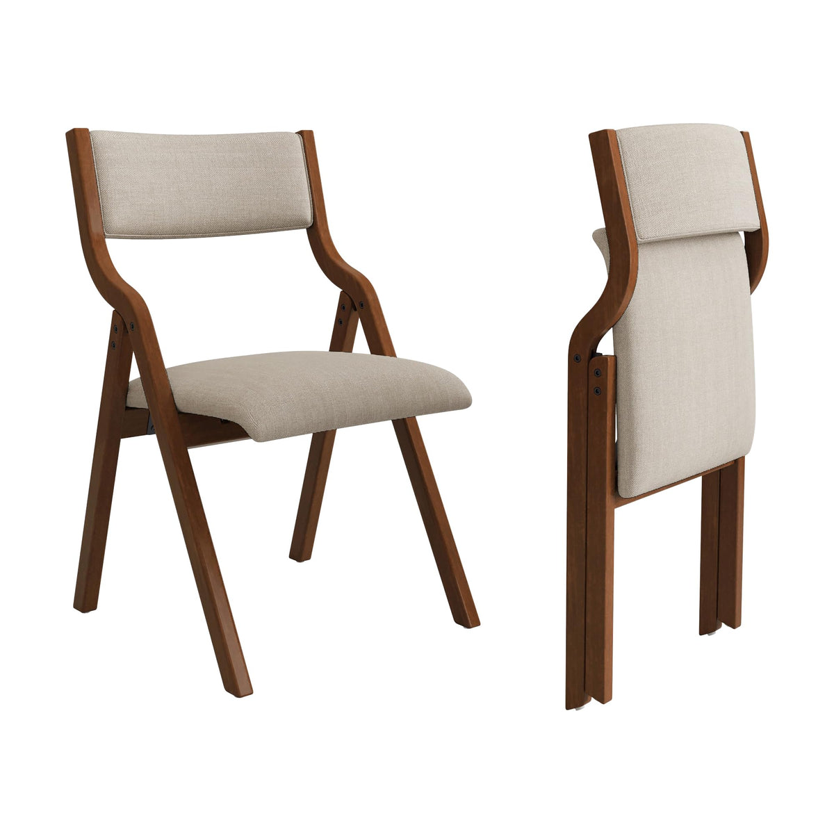 Ball & Cast front view of taupe upholstery and walnut legs, elegant dining look