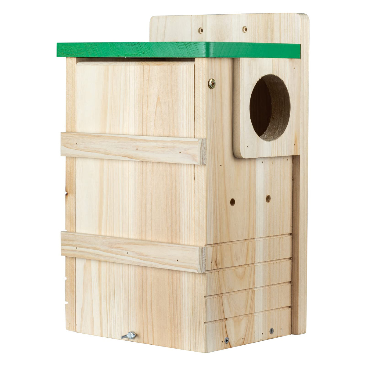 BalterFF front view of wooden squirrel house showing dual entrances and durable finish