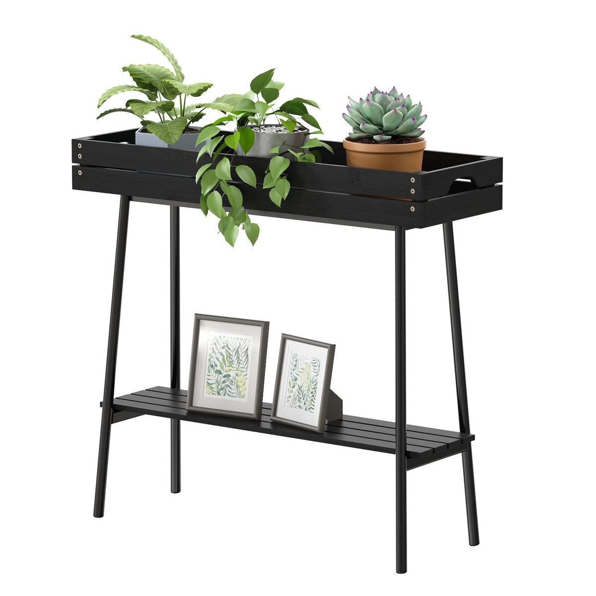 BAMBANG front view plant stand showing two tiers and black frame, tidy display benefit