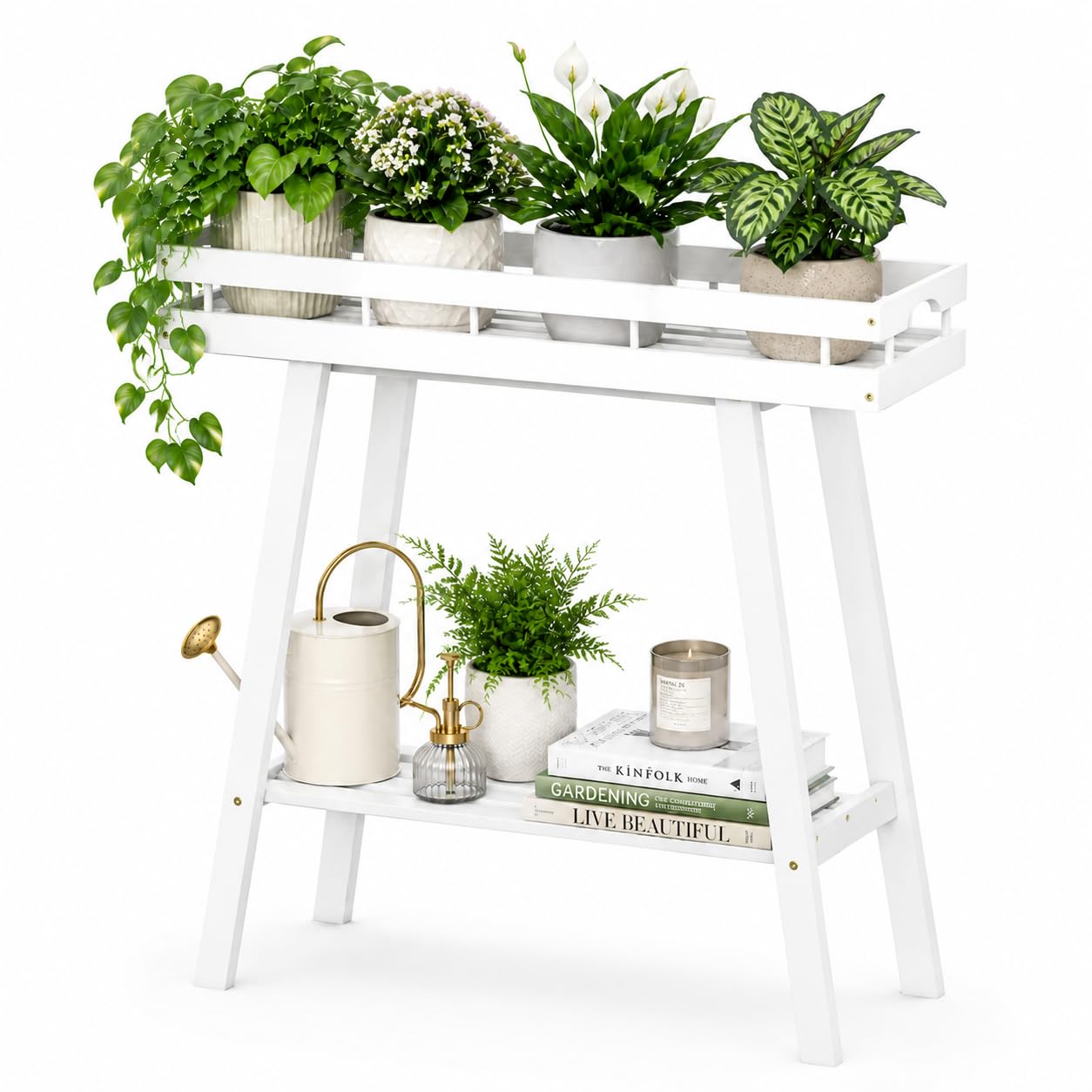 BAMBANG front view of two-tier white bamboo plant stand showing neat display and space saving