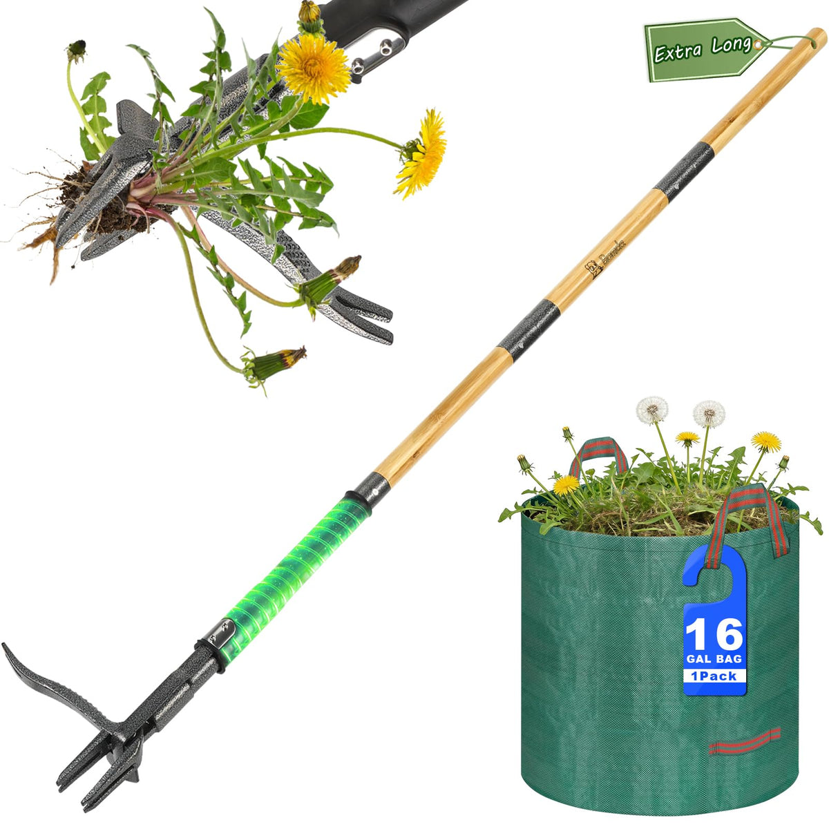 Bamda front packaging showing tool and leaf bag, highlights complete kit benefit