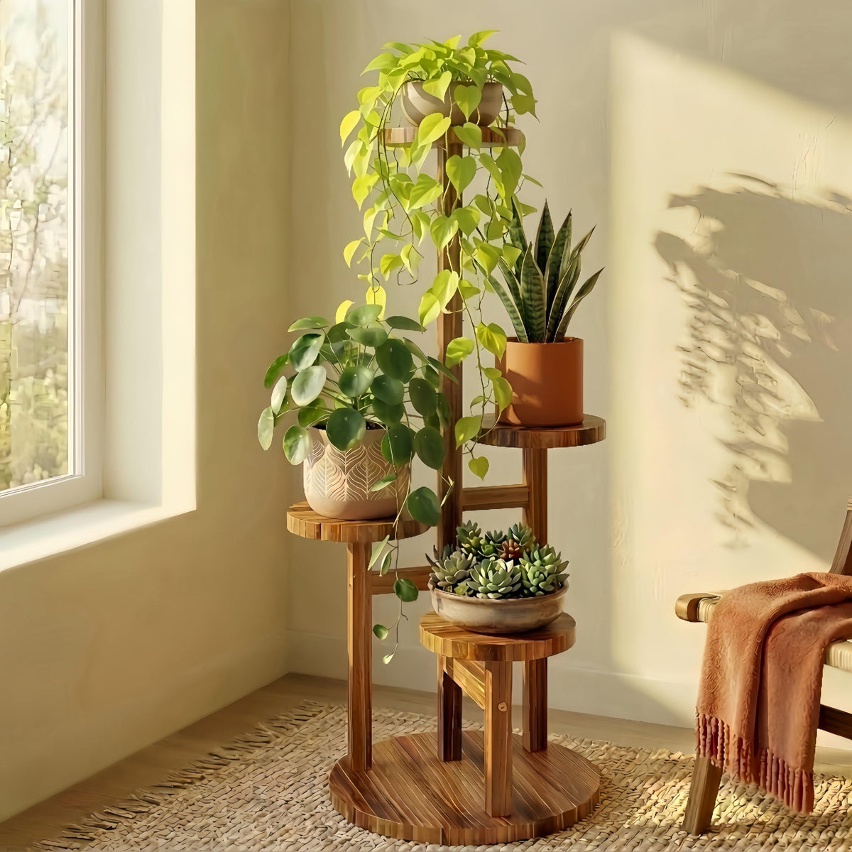 Bamworld 4-tier plant stand front view showing brown pine and organized pots for better display
