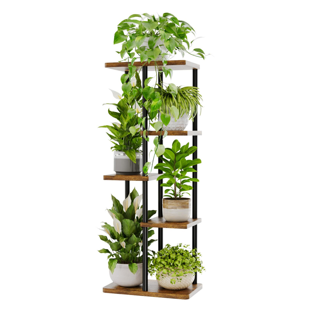 Bamworld front view of five-tier corner stand shows vertical plant display benefit