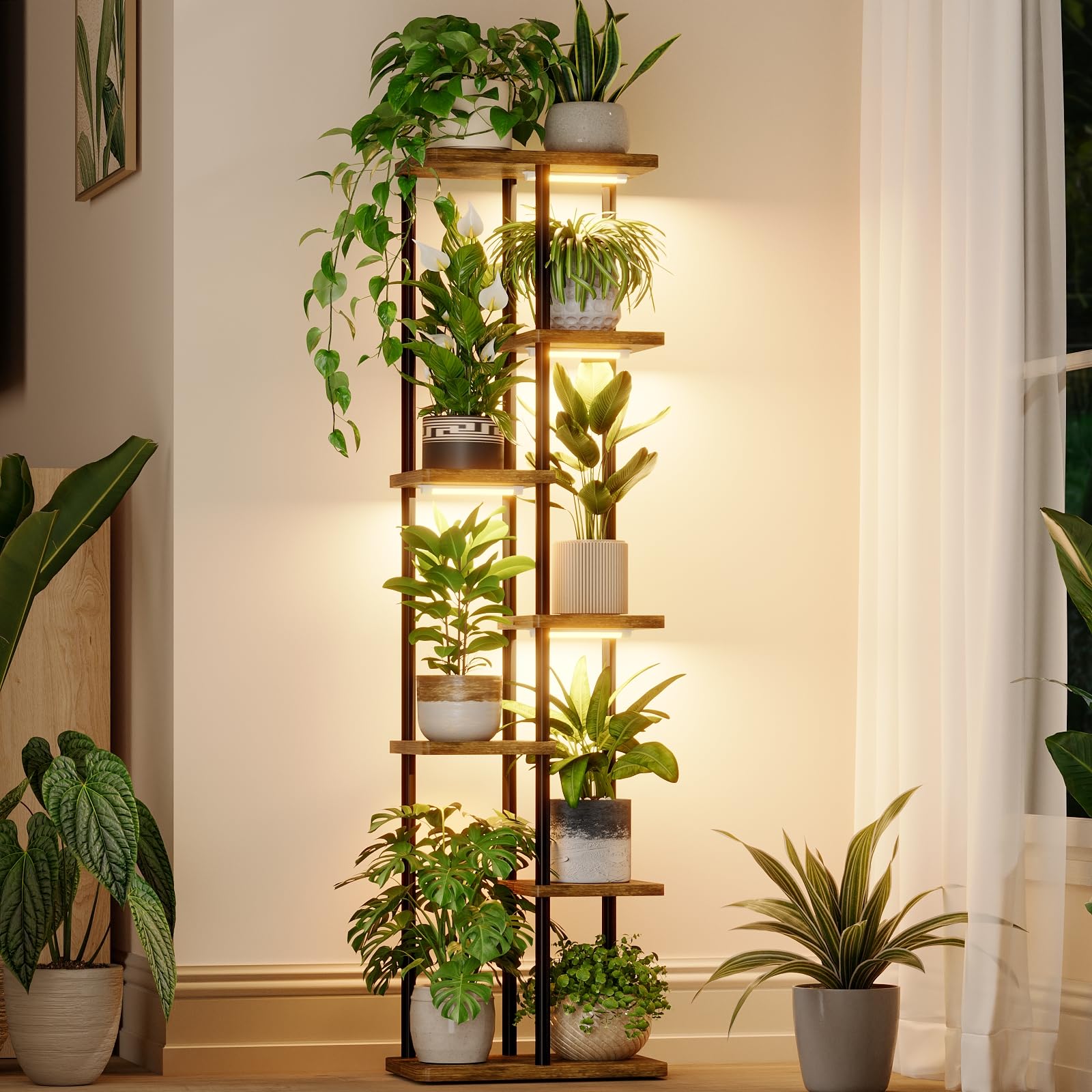Bamworld full front view showing seven-tier stand and organized plants for space saving