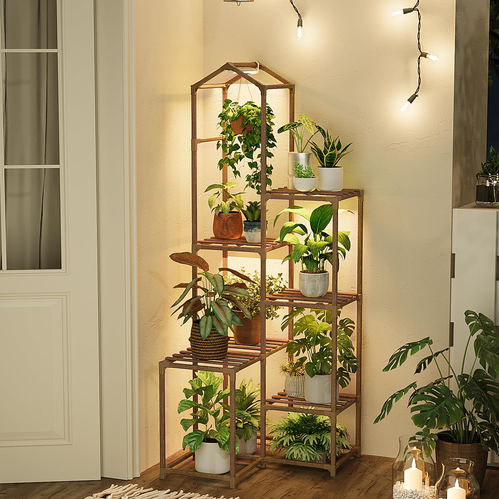 Bamworld estantería en salón decorado, crea ambiente y exhibe plantas
