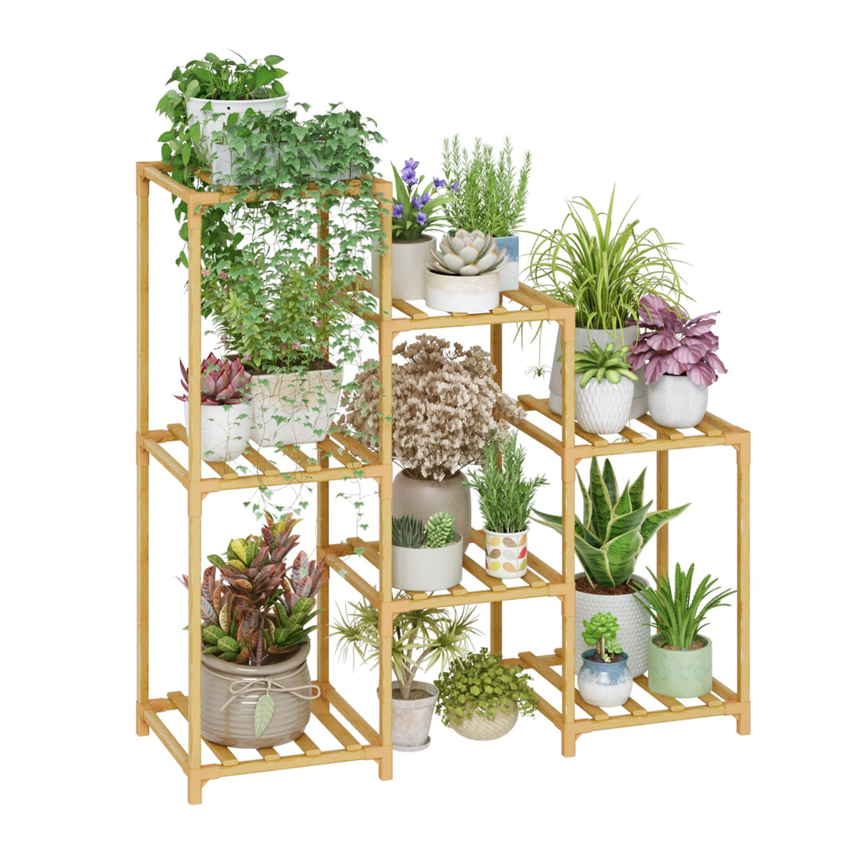Bamworld front view of bamboo plant stand showing seven-tier display and boho look