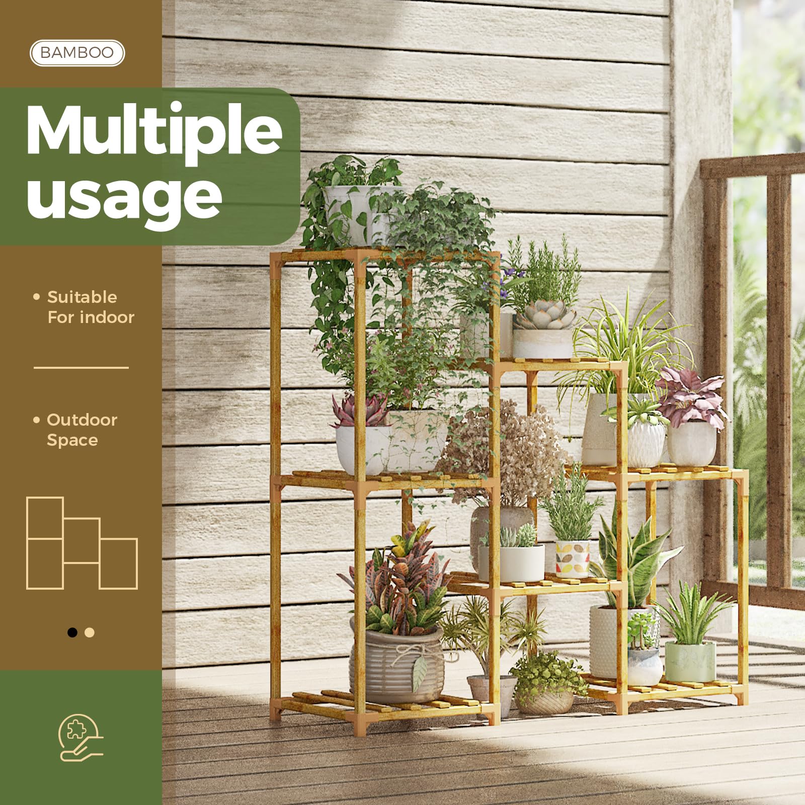 Bamworld plant stand staged in living room adding vertical greenery and warmth
