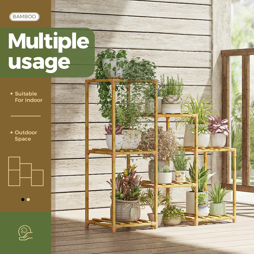 Bamworld plant stand staged in living room adding vertical greenery and warmth