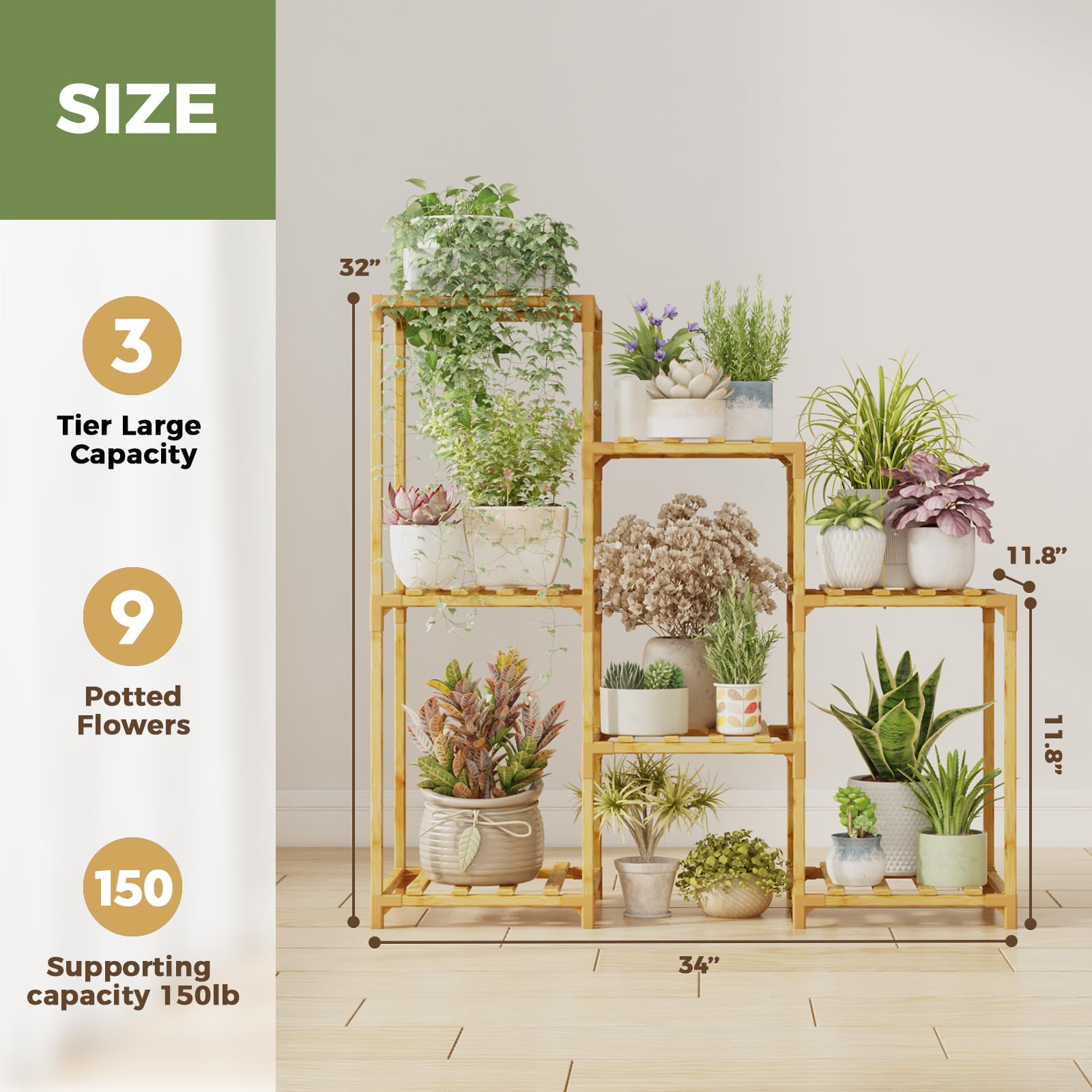 Bamworld plant stand with seven pots for scale demonstrating compact footprint